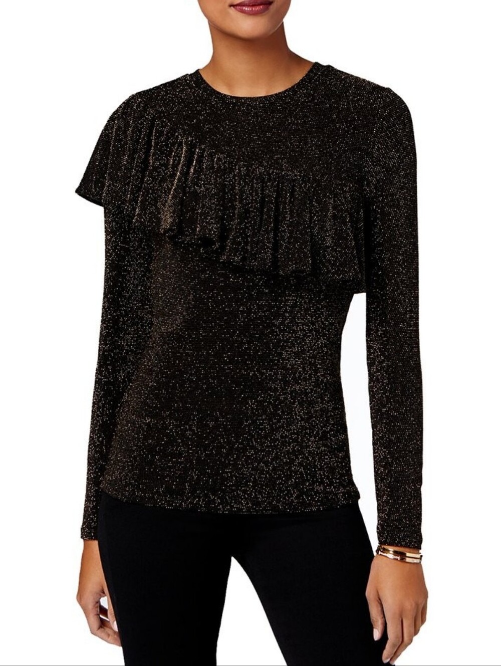 Rain Black and Gold Ruffled Long Sleeve Stretchy Metallic Top Womens Size M & L